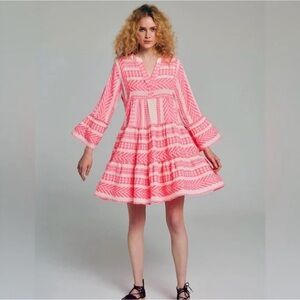 Anthropologie Devotion Twins Ella Dress Pink White Bell Sleeve Tiered Mini M